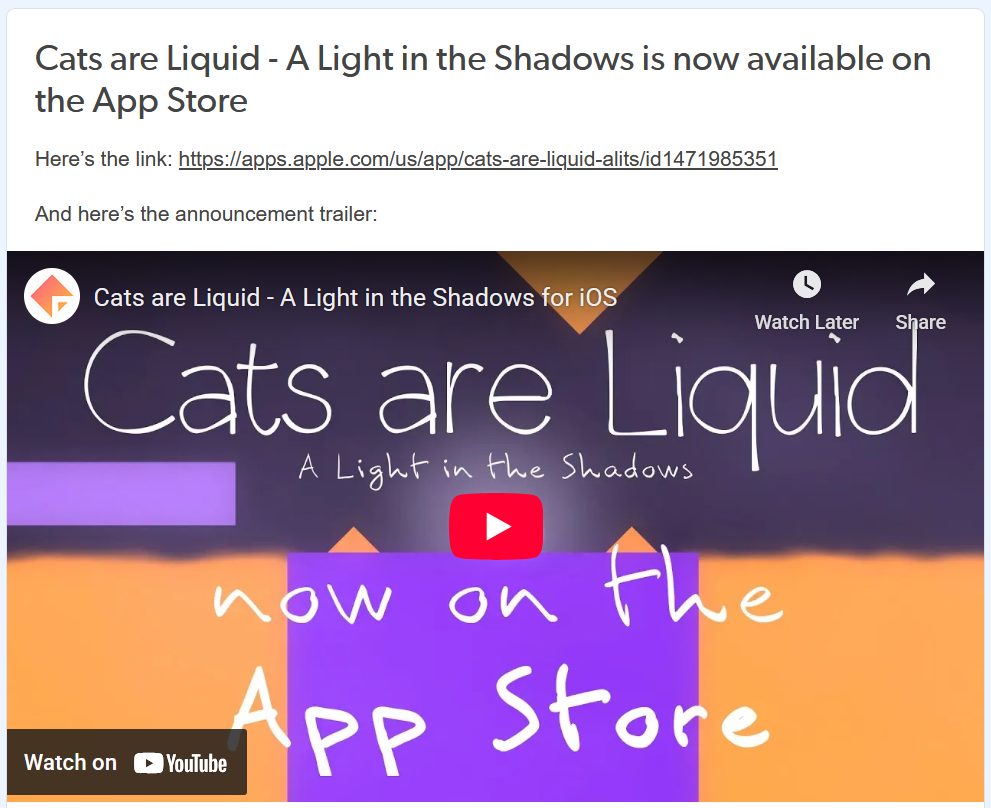 Screenshot of the A Light in the Shadows iOS
announcement.