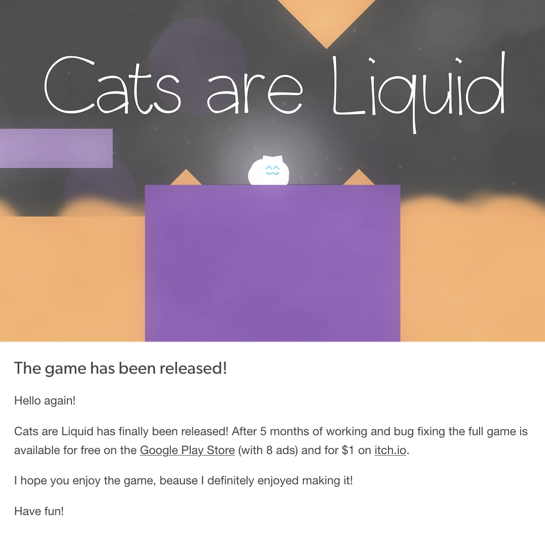 Screenshot of the Tumblr post announcing the release of Cats are Liquid.